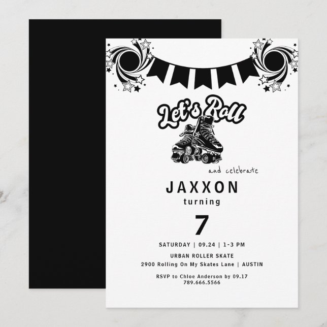 Boy Black Roller Skaten Birthday Party Einladung (Vorne/Hinten)