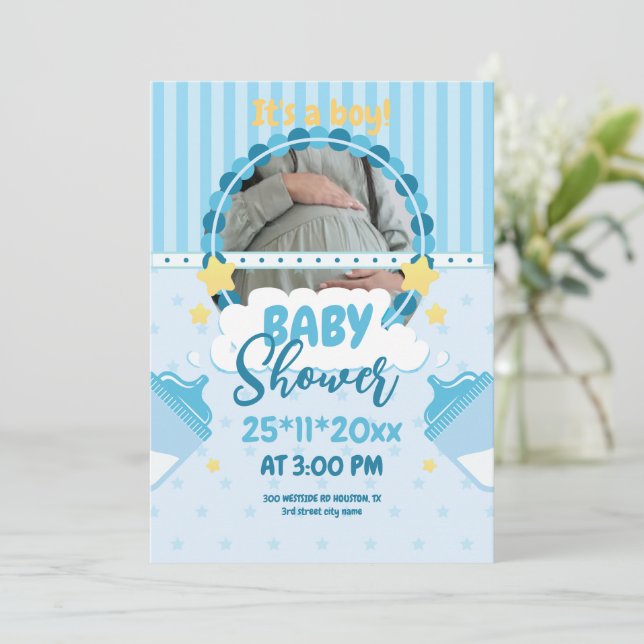 Boy Blue Baby Dusche mit Foto, Baby Boy Einladung (Stehend Vorderseite)
