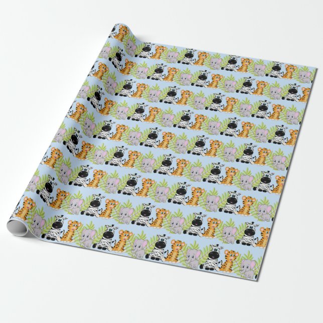 Boy Blue Baby Dusche Niedlich Safari Jungle Animal Geschenkpapier (Ungerollt)