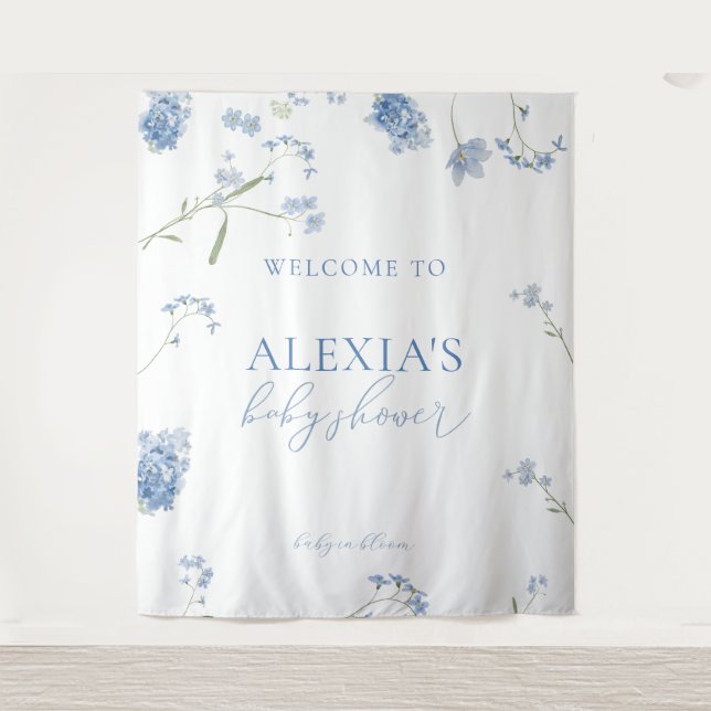 Boy Blue Baby in Bloom Baby Shower Welcome Sign Wandteppich (Vorderseite)
