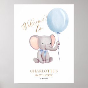 Boy Blue Balloon Elephant Baby Dusche Willkommen Poster