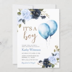 Boy Blue Balloon Floral Baby Dusche Einladung