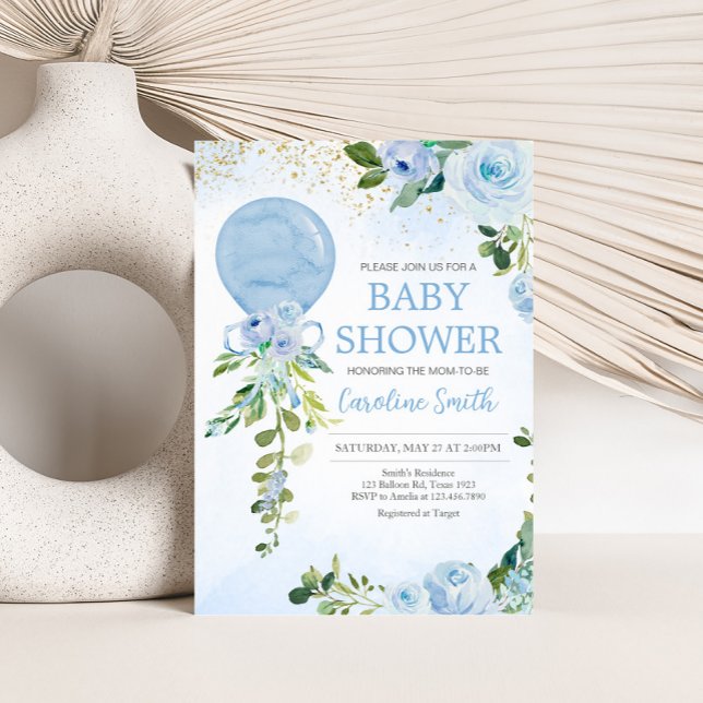 Boy Blue Balloon Greenery Baby Shower Einladung (Blue Balloon Greenery Baby Shower Invitation
)