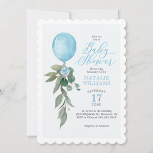 Boy Blue Balloon Greenery Baby Shower Einladung