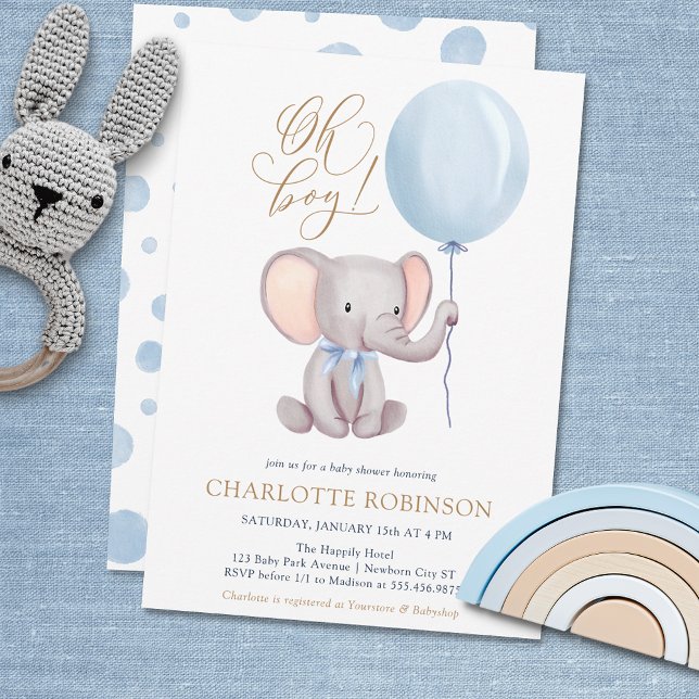 Boy Blue Balloon Niedlich Elephant Baby Showeinlag Einladung (Von Creator hochgeladen)