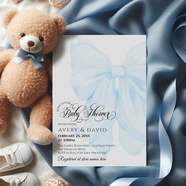 Boy Blue Bow Modern Elegant Baby Shower Einladung (Von Creator hochgeladen)