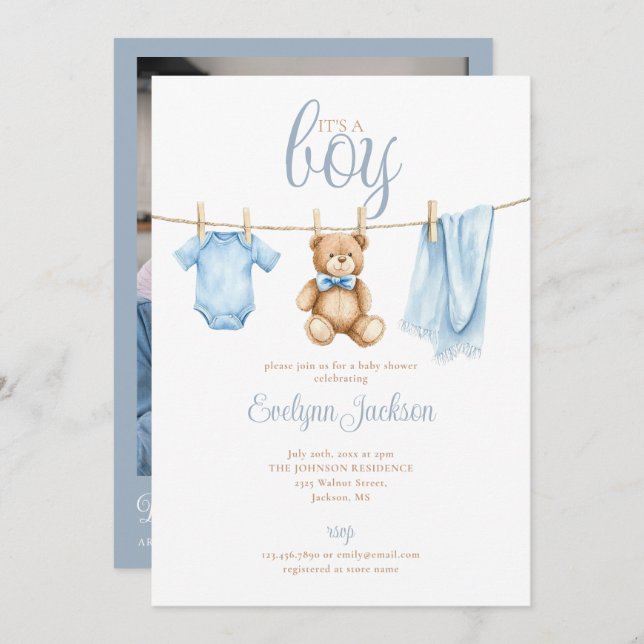 Boy Blue Clothesline Baby Shower Photo QR Code Einladung (Vorne/Hinten)