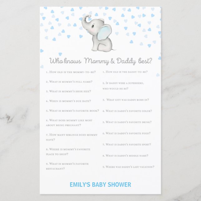 Boy Blue Elephant Baby Shower Game PRINTED (Vorderseite)