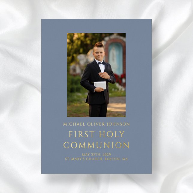 Boy Blue Foto First Heilige Kommunion Gold Folieneinladung (Boy Blue Photo First Holy Communion Gold Foil Invitation)