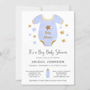 Boy Blue Gold Watercolor Retro Babydusche Einladung