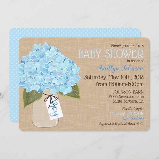 Boy Blue Hydrangea Mason Jar Rustic Baby Dusche Einladung (Vorne/Hinten)