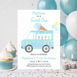 Boy Blue Ice Cream Truck Sweet One Birthday Einladung