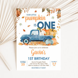 Boy Blue Pumpkin Truck Fall Birthday Einladung
