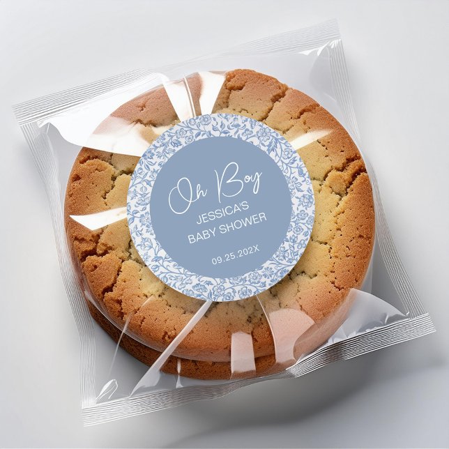 Boy Blue White Toile Blumenmuster Babydusche Runder Aufkleber (Von Creator hochgeladen)