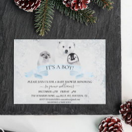 Boy Blue Winter Christmas Baby Shower Animals Einladung
