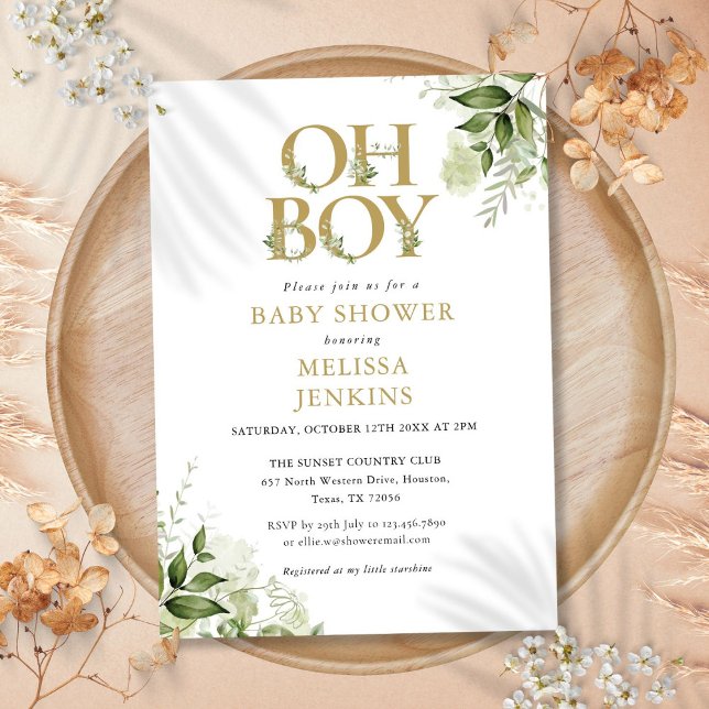 Boy Botanical Greenerenery Gold Baby Dusche Einladung (Oh Boy Botanical Greenery Gold Baby Shower Invitation)