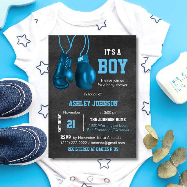 Boy Boxing Handschuhe Blue Baby Shower Einladungen (Von Creator hochgeladen)