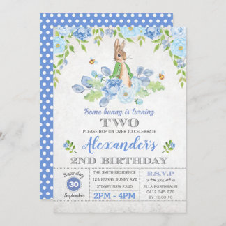 Boy Bunny 2. Geburtstag Party Garden Blue Floral Einladung
