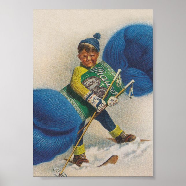 Boy Carried Giant Skein of Yarn Vintag Poster (Vorne)