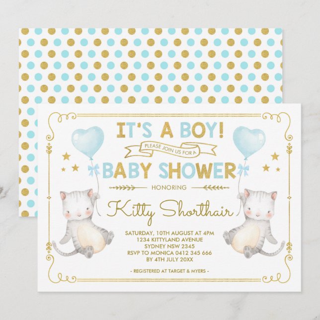 Boy Cat Baby Shooter Kitten Cat Lover Blue Gold Einladung (Vorne/Hinten)
