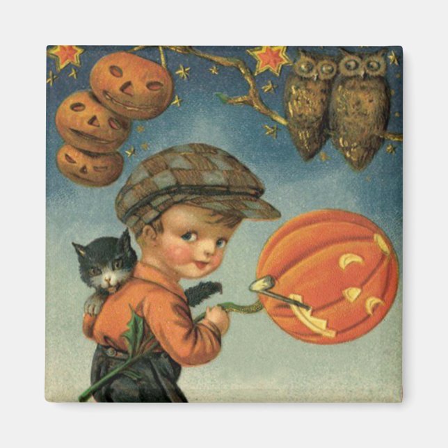 Boy Cat Jack O' Lantern Owl Stars Magnet (Vorne)