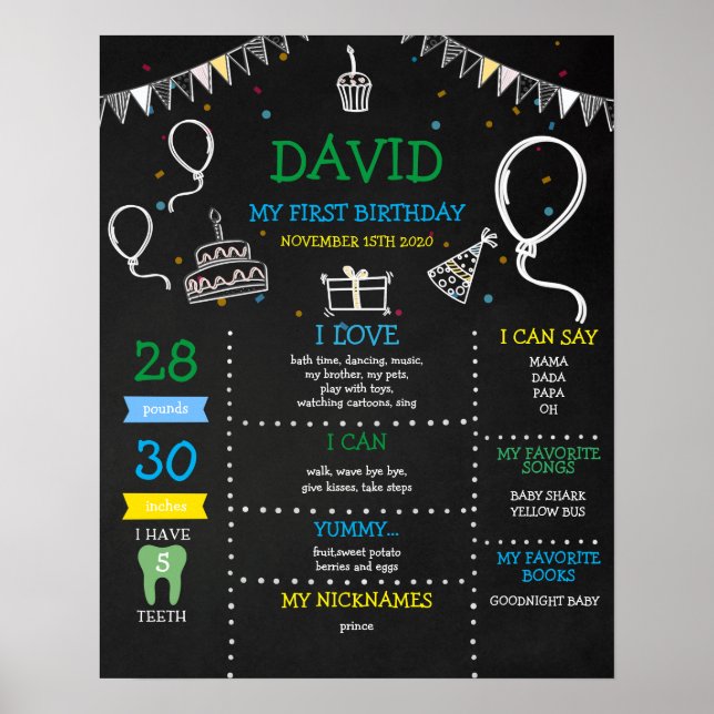 Boy Chalkboard First Birthday Milestone Poster (Vorne)