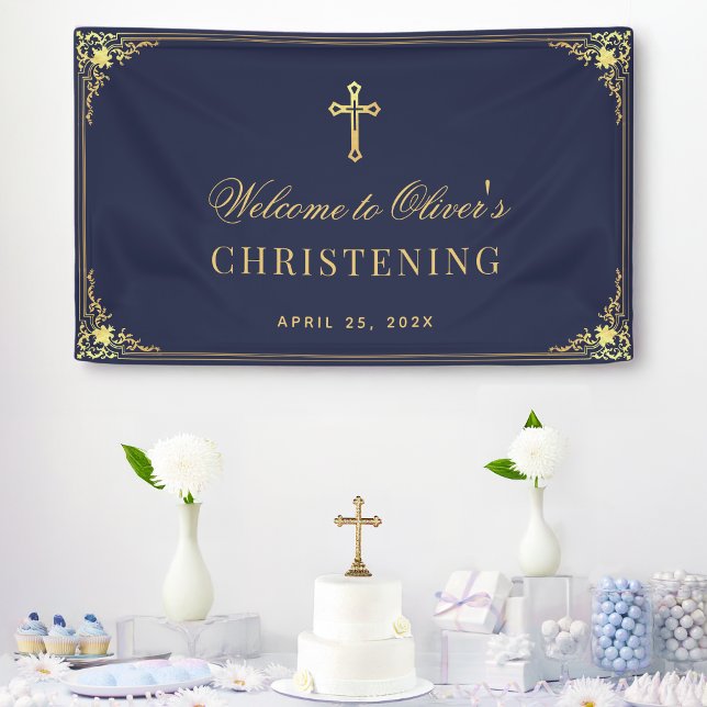 Boy Christening Navy Blue Gold Vintage Taufe Banner (Von Creator hochgeladen)