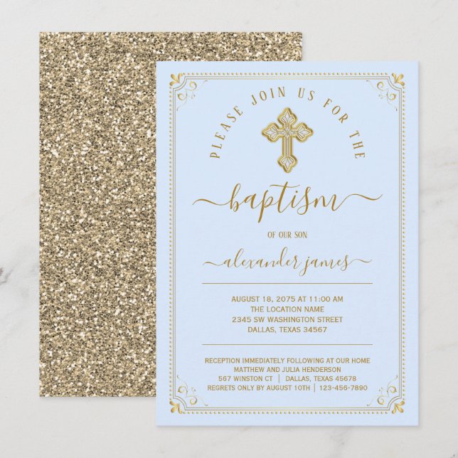 Boy Classic Blue Gold Taufe Einladung (Vorne/Hinten)