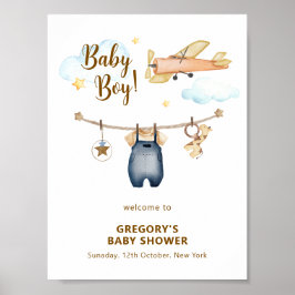 Boy Clothesline Airplane Sky Baby Shower Welcome Poster
