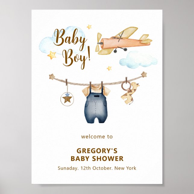 Boy Clothesline Airplane Sky Baby Shower Welcome  Poster (Vorne)