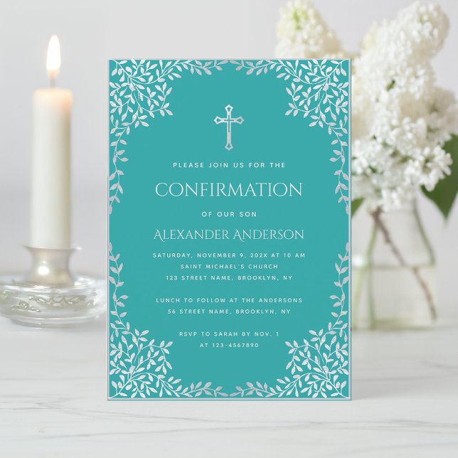 Boy Confirmation Aquamarine Imitate Silver Verlass Einladung (Von Creator hochgeladen)