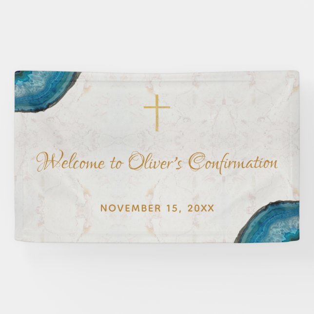 Boy Confirmation Blue Geode Script Marble Willkomm Banner (Horizontal)