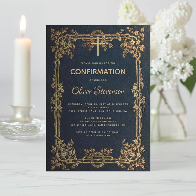 Boy Confirmation Blue Gold Blätter & Cross Vintag Einladung (Von Creator hochgeladen)