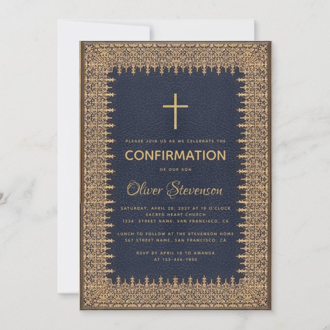 Boy Confirmation Blue Vintag Frame Gold Cross Einladung (Vorderseite)
