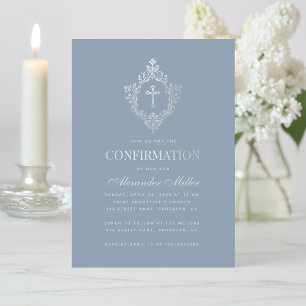 Boy Confirmation Dusty Blue Imitats Silver Foil Wa Einladung