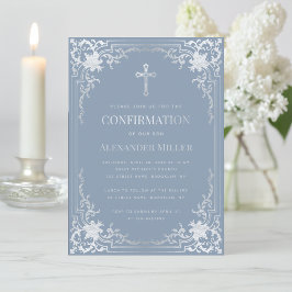 Boy Confirmation Dusty Blue Imitats Silver Religio Einladung