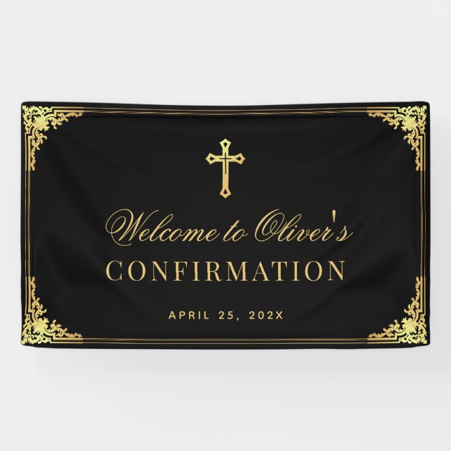 Boy Confirmation Elegante Black Imitate Gold Vinta Banner (Horizontal)