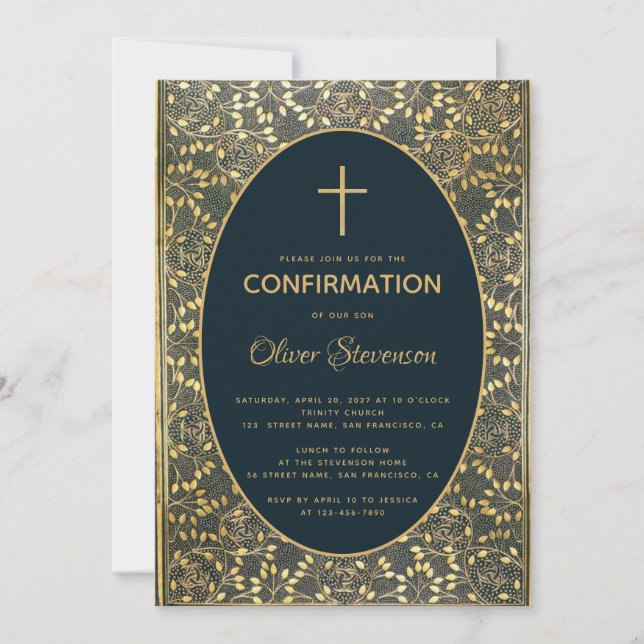 Boy Confirmation Gold Blätter kreuzen Elegant Blue Einladung (Vorderseite)