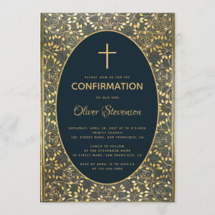 Boy Confirmation Gold Blätter kreuzen Elegant Blue Einladung