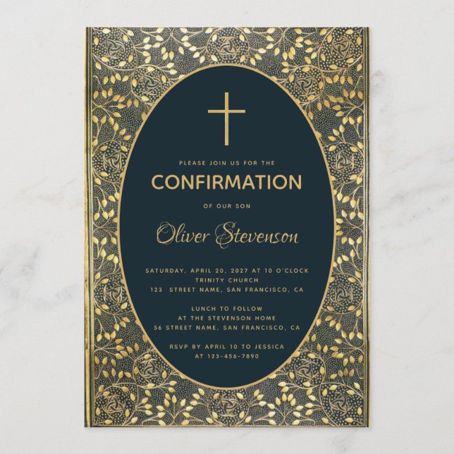 Boy Confirmation Gold Blätter kreuzen Elegant Blue Einladung (Vorderseite)