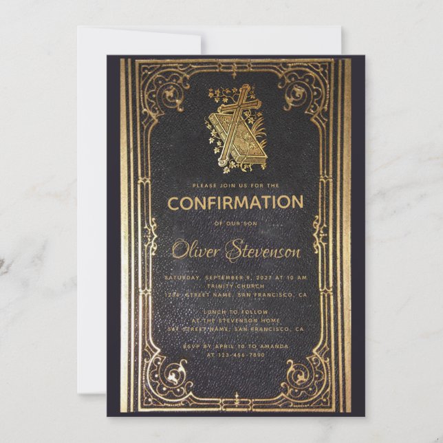 Boy Confirmation Gold Cross & Book Elegant Vintag Einladung (Vorderseite)