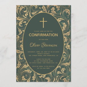 Boy Confirmation Gold Thistle Cross Elegant Green Einladung