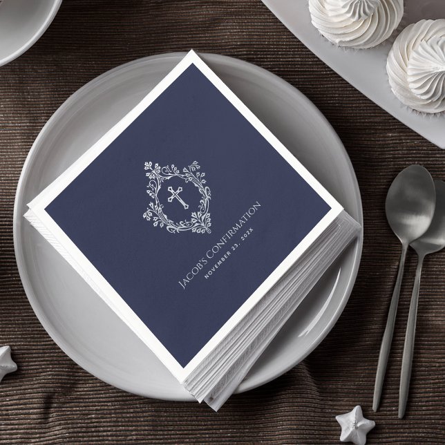 Boy Confirmation Navy Blue Elegant Vintages Wappen Serviette (Von Creator hochgeladen)
