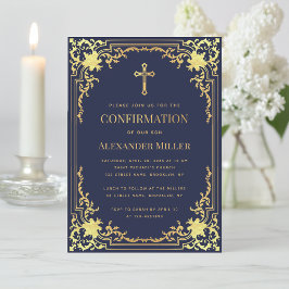 Boy Confirmation Navy Blue Imitate Gold Cross Vint Einladung