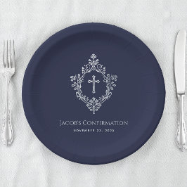 Boy Confirmation Navy Blue Vintag Cross in Wappen Pappteller