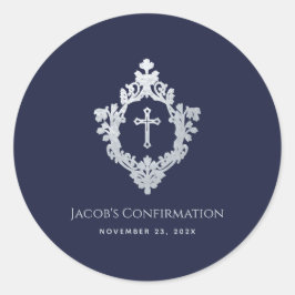 Boy Confirmation Navy Blue Vintag Cross in Wappen Runder Aufkleber