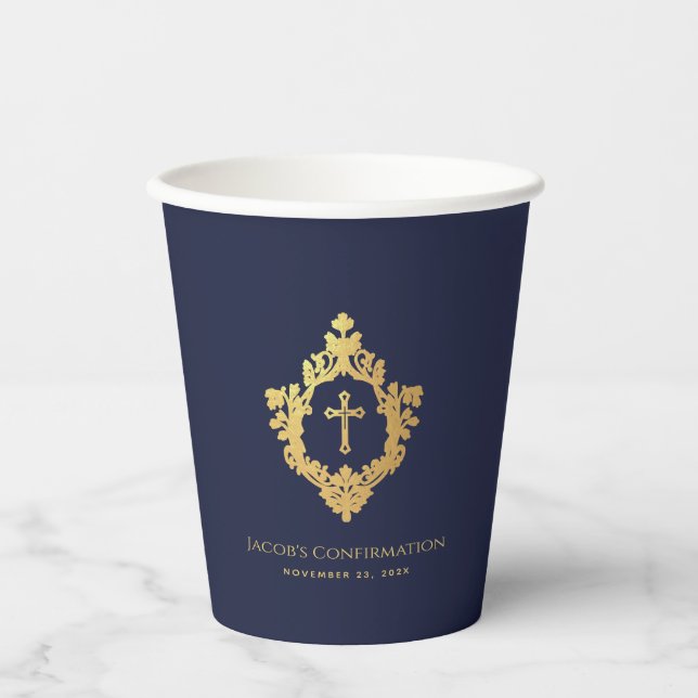 Boy Confirmation Navy Blue Wappen Cross Imitate Go Pappbecher (Vorderseite)