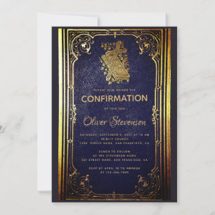 Boy Confirmation Vintag Blue Gold Book Elegant Einladung