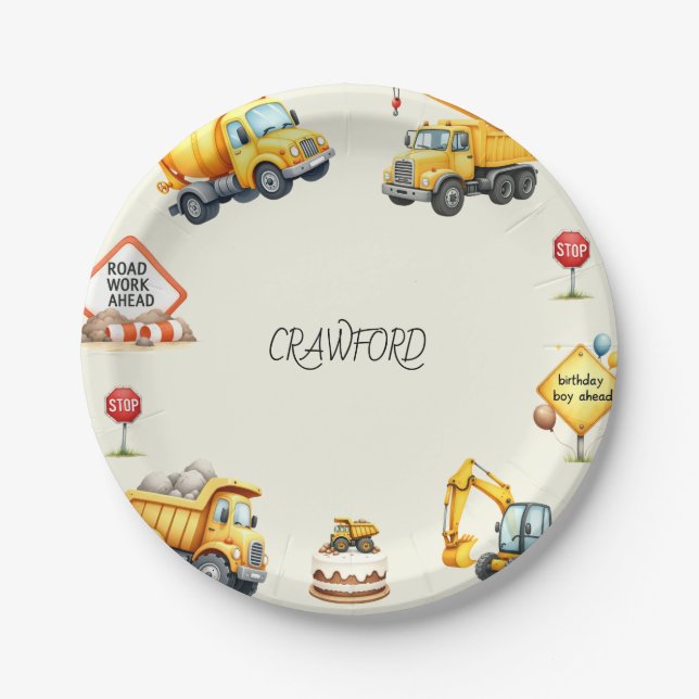 Boy Construction Birthday Party Pappteller (Vorderseite)