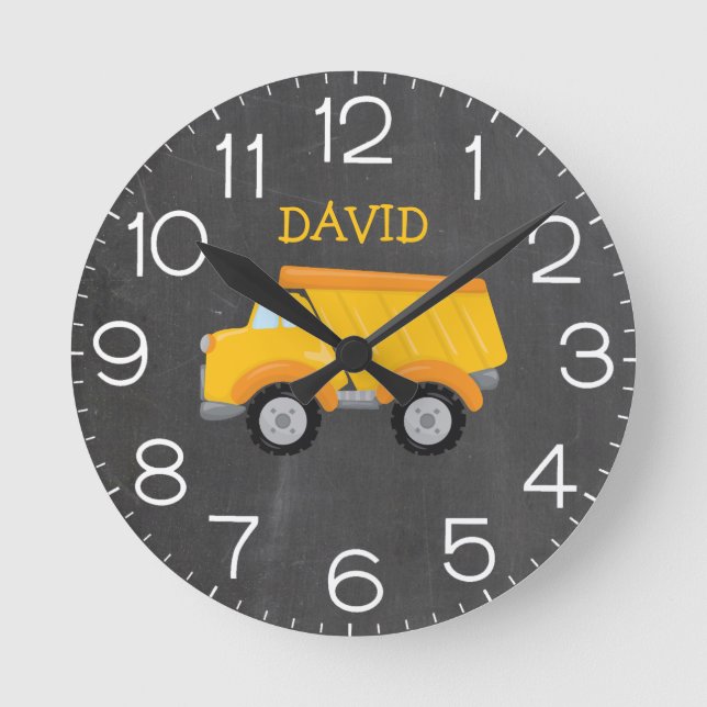 Boy Construction Personalisiert Yellow Dump Truck Runde Wanduhr (Vorderseite)